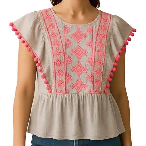 Lilly Pulitzer Embroidered Peplum Top Boho Pom Pom Flutter Sleeve XS - Picture 12 of 12